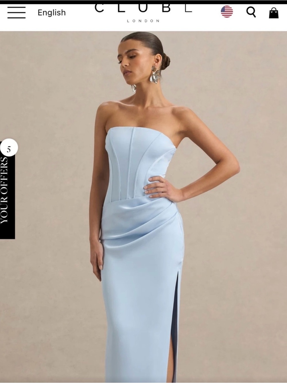 Club L London Strapless Light Blue Satin Gown with Draped Scarf